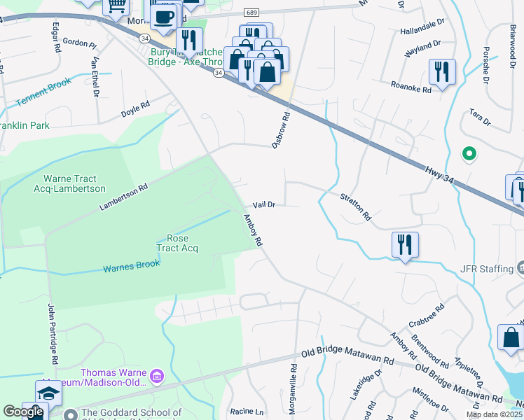 map of restaurants, bars, coffee shops, grocery stores, and more near 10 Vail Drive in Matawan