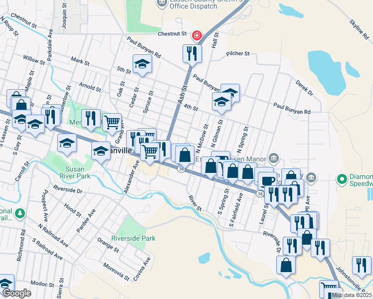 map of restaurants, bars, coffee shops, grocery stores, and more near 1817 1st Street in Susanville
