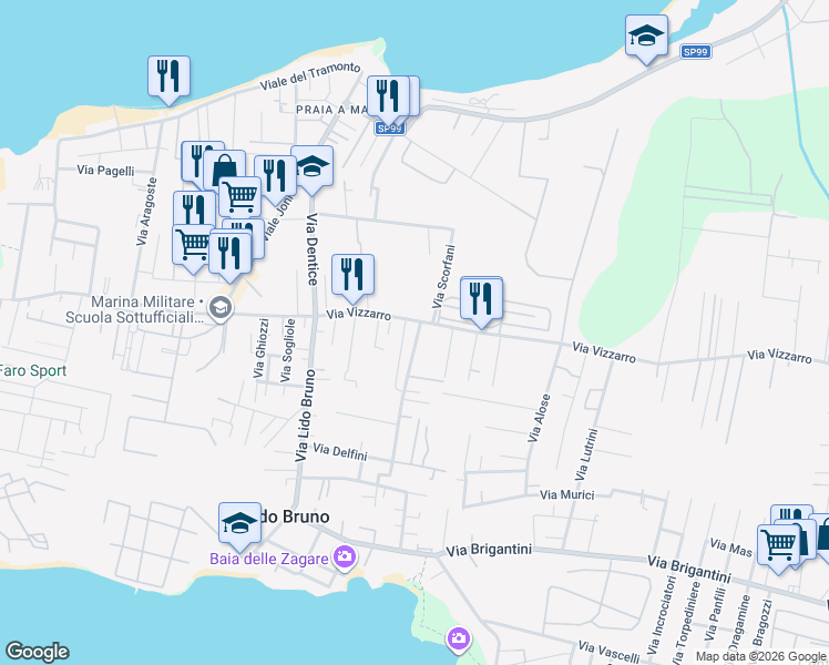 map of restaurants, bars, coffee shops, grocery stores, and more near 39 Via Delfini in Taranto
