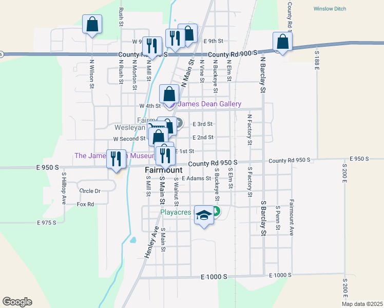 map of restaurants, bars, coffee shops, grocery stores, and more near 124 North Sycamore Street in Fairmount