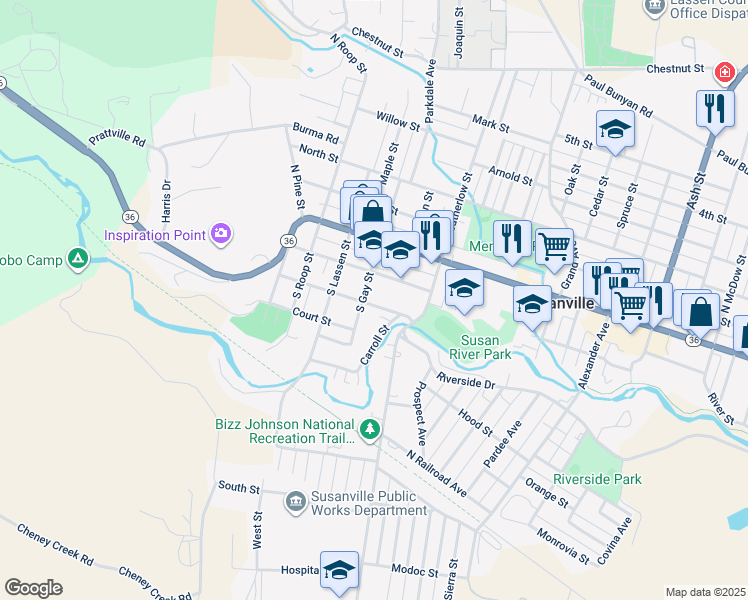 map of restaurants, bars, coffee shops, grocery stores, and more near 205 South Gay Street in Susanville