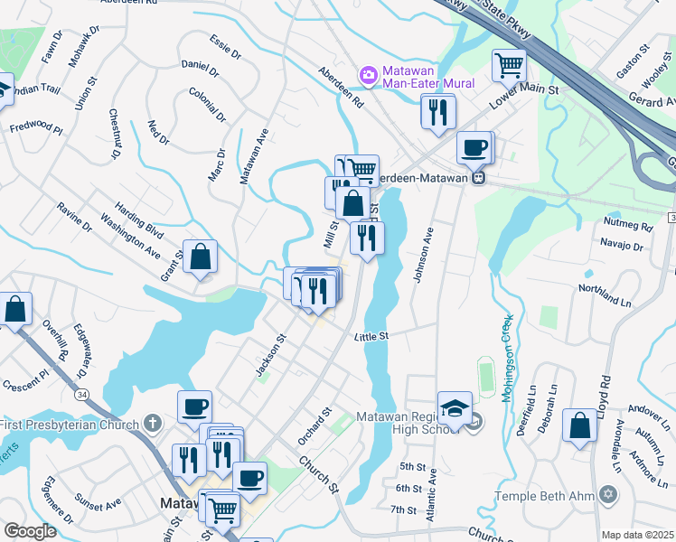 map of restaurants, bars, coffee shops, grocery stores, and more near 55 Main Street in Matawan