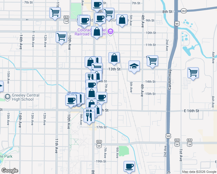 map of restaurants, bars, coffee shops, grocery stores, and more near 1412 7th Avenue in Greeley