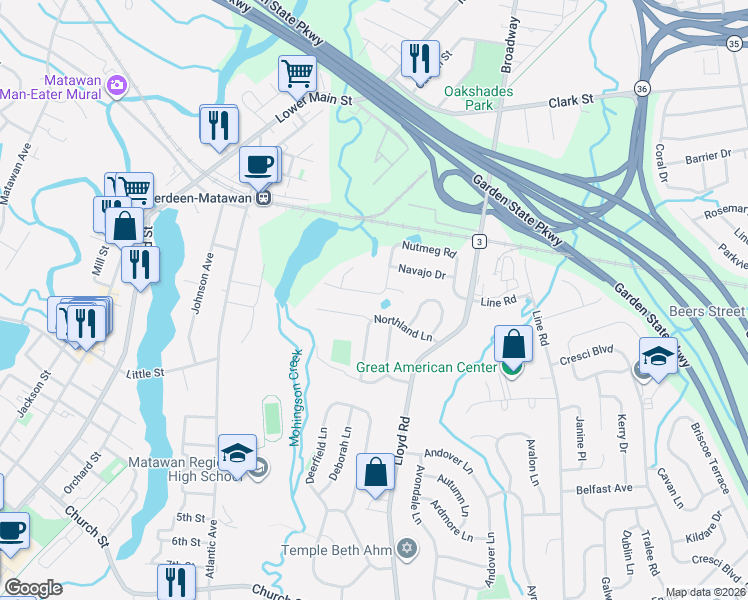 map of restaurants, bars, coffee shops, grocery stores, and more near 39 Northland Lane in Aberdeen Township