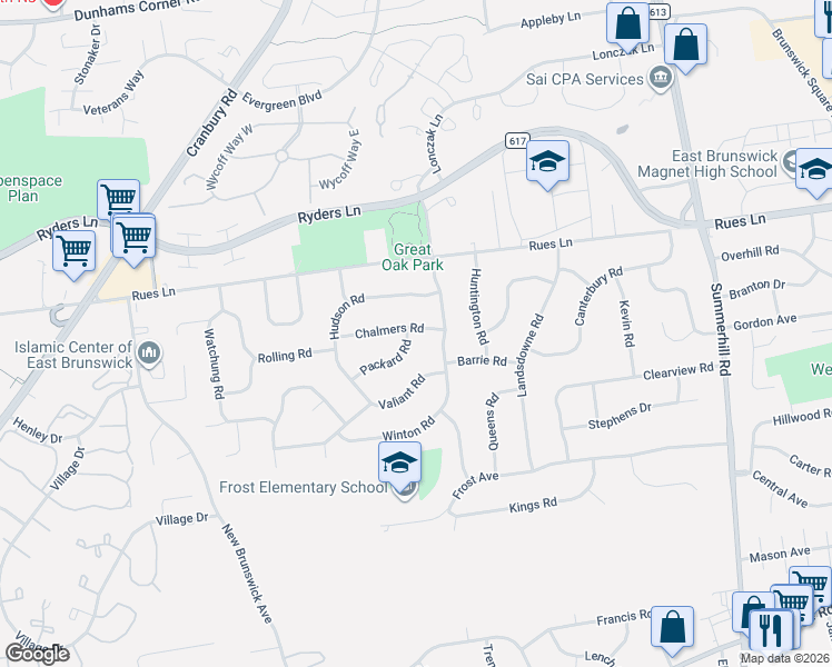 map of restaurants, bars, coffee shops, grocery stores, and more near 14 Packard Road in East Brunswick