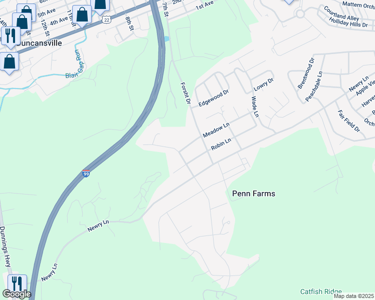 map of restaurants, bars, coffee shops, grocery stores, and more near 1305 Meadow Lane in Duncansville