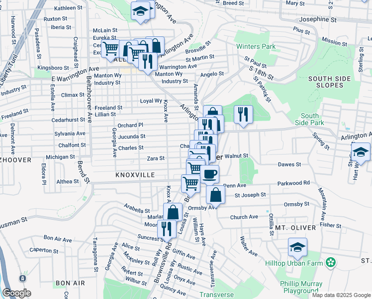 map of restaurants, bars, coffee shops, grocery stores, and more near 117 Zara Street in Pittsburgh