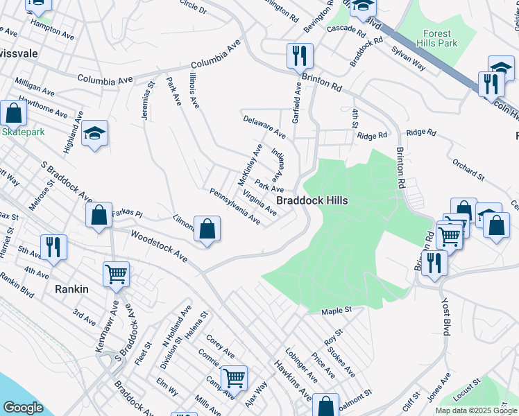 map of restaurants, bars, coffee shops, grocery stores, and more near 305 Pennsylvania Avenue in Pittsburgh