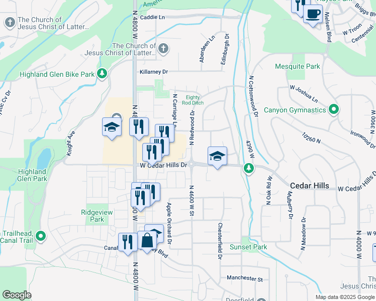 map of restaurants, bars, coffee shops, grocery stores, and more near 10153 North Redwood Drive in Cedar Hills