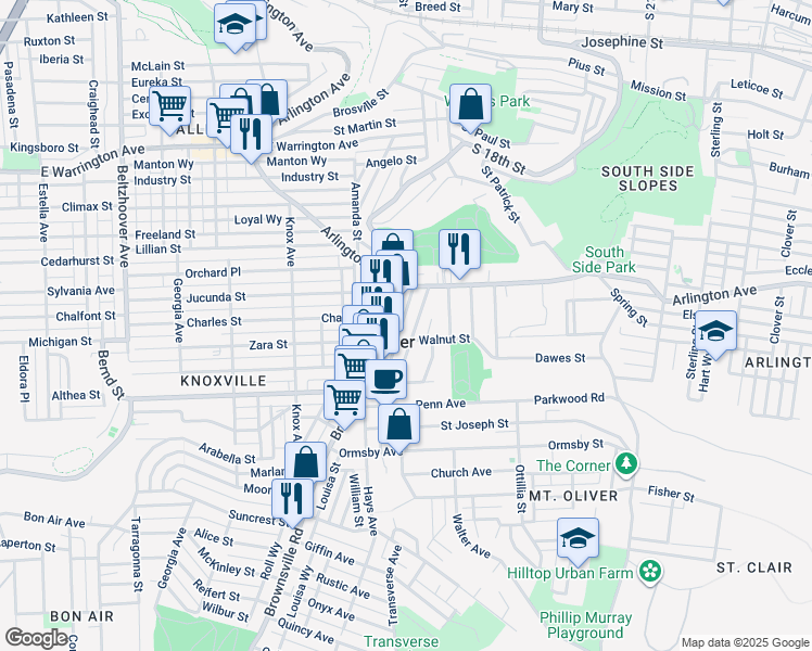map of restaurants, bars, coffee shops, grocery stores, and more near 200 Walnut Street in Mount Oliver