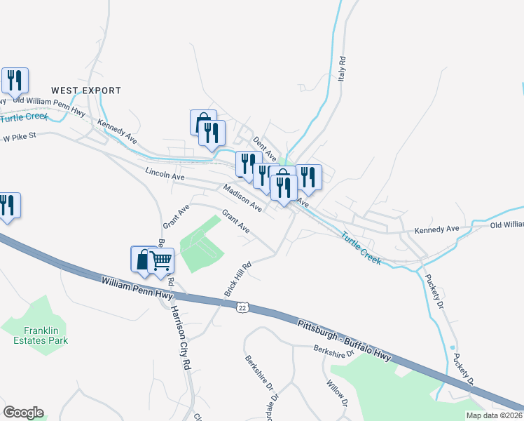 map of restaurants, bars, coffee shops, grocery stores, and more near 5859 Madison Avenue in Export