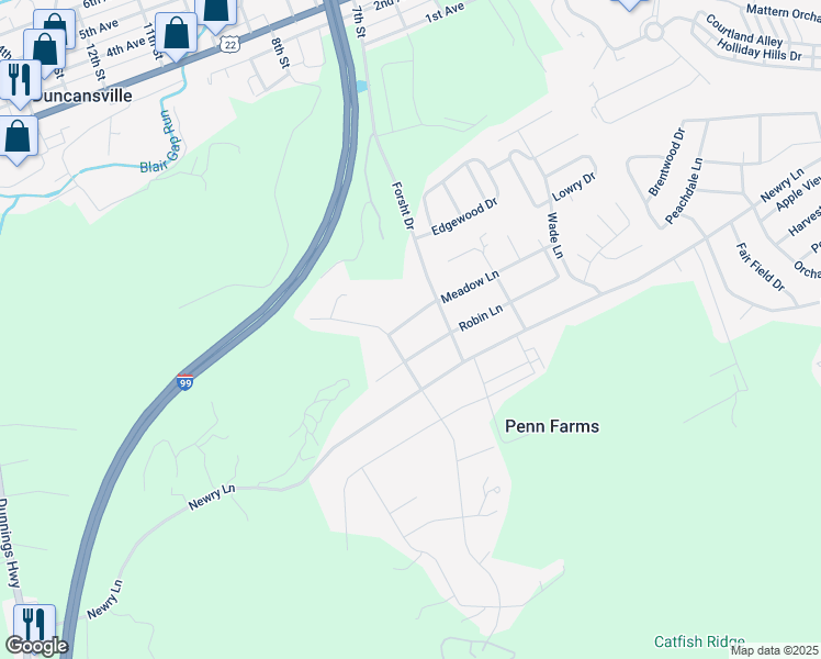 map of restaurants, bars, coffee shops, grocery stores, and more near 1305 Meadow Lane in Duncansville