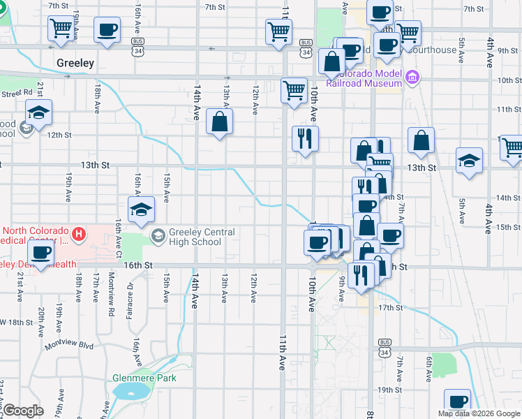 map of restaurants, bars, coffee shops, grocery stores, and more near 1115 15th Street in Greeley