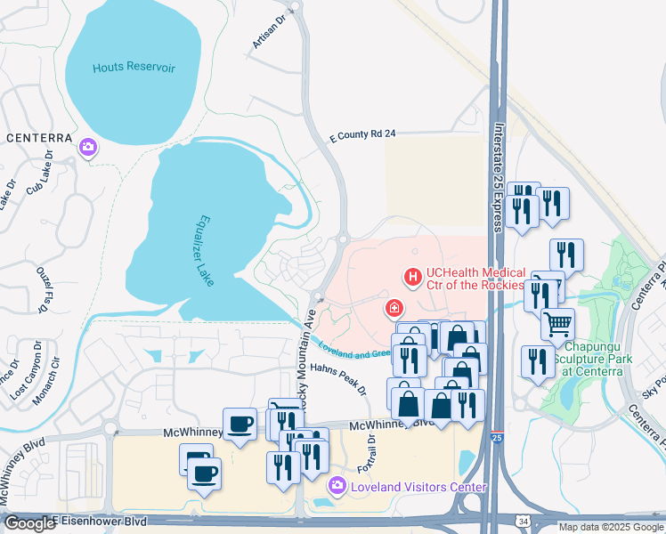 map of restaurants, bars, coffee shops, grocery stores, and more near 2427 Rocky Mountain Avenue in Loveland