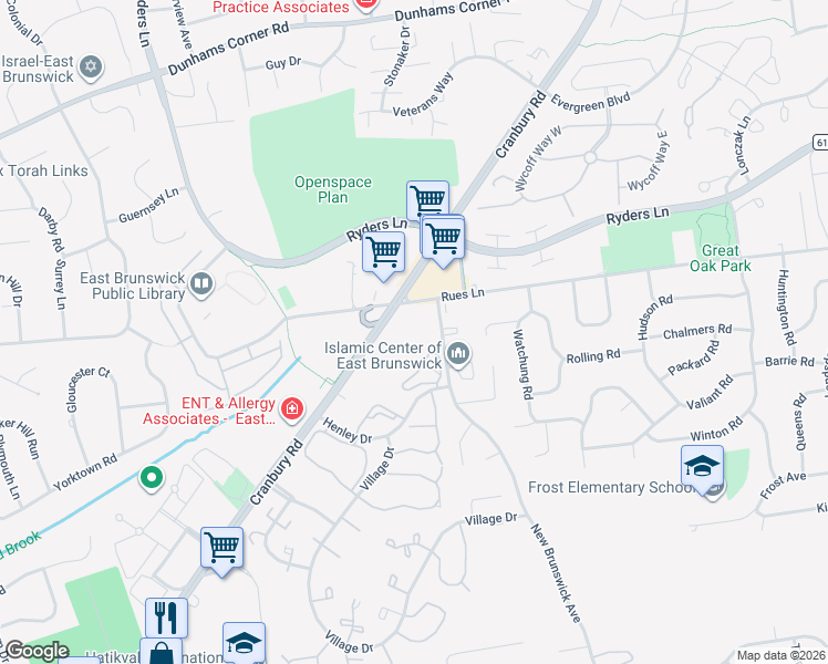 map of restaurants, bars, coffee shops, grocery stores, and more near 540 Cranbury Road in East Brunswick
