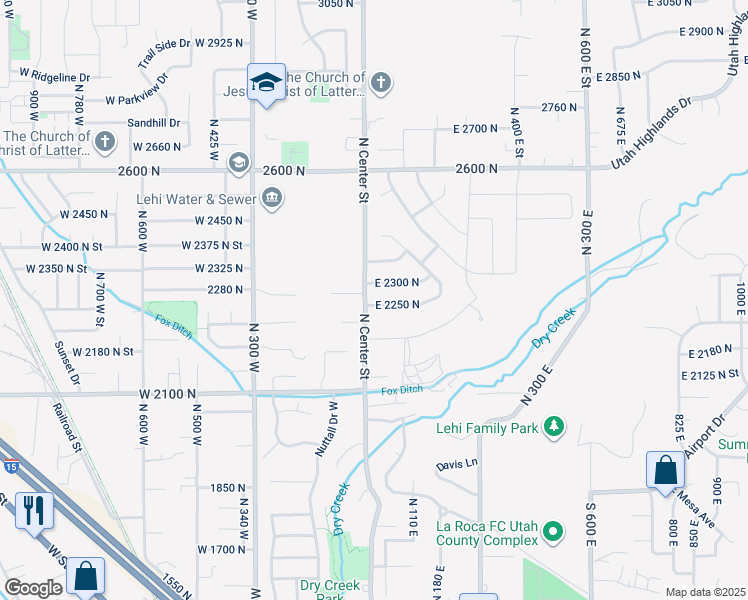 map of restaurants, bars, coffee shops, grocery stores, and more near 25 East 2250 North in Lehi