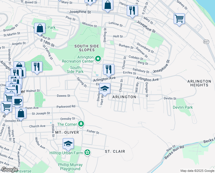 map of restaurants, bars, coffee shops, grocery stores, and more near 2318 Spring Street in Pittsburgh