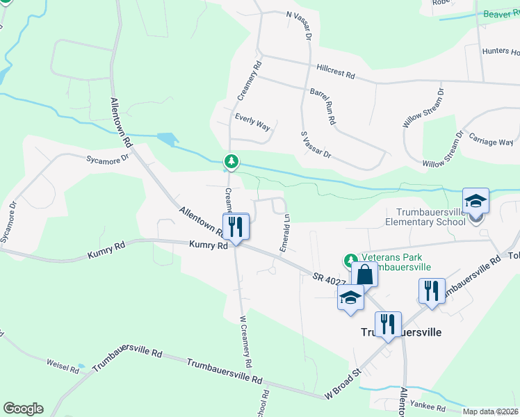map of restaurants, bars, coffee shops, grocery stores, and more near 2610 Daniels Lane in Quakertown