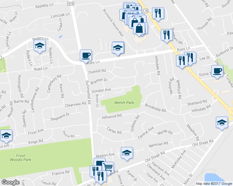 map of restaurants, bars, coffee shops, grocery stores, and more near 11 Welsh Court in East Brunswick