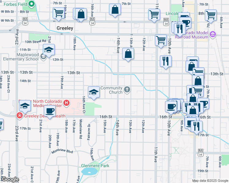map of restaurants, bars, coffee shops, grocery stores, and more near 1424 14th Avenue in Greeley