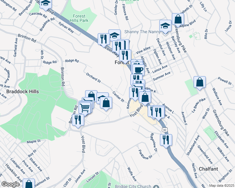 map of restaurants, bars, coffee shops, grocery stores, and more near 112 Cedar Avenue in Pittsburgh