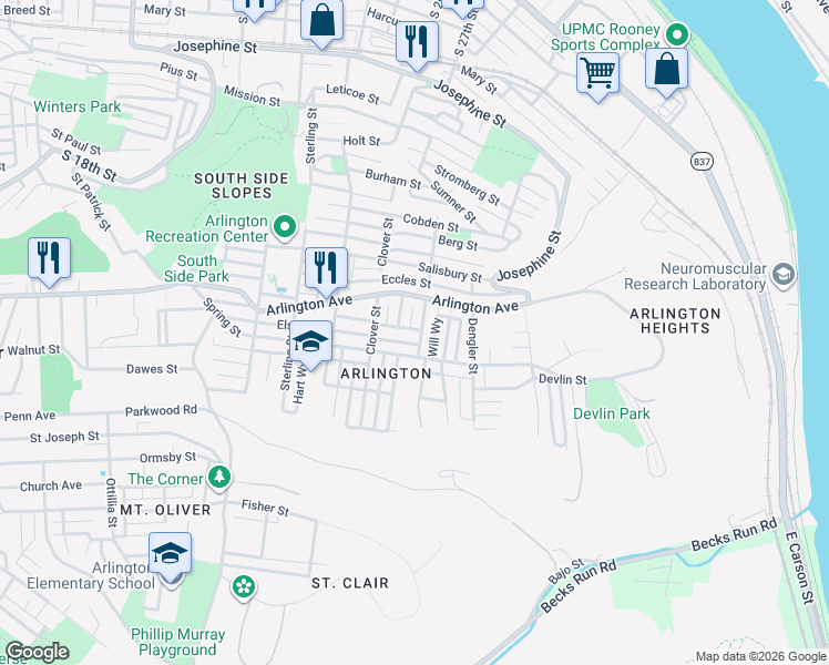 map of restaurants, bars, coffee shops, grocery stores, and more near 139 Cologne Street in Pittsburgh
