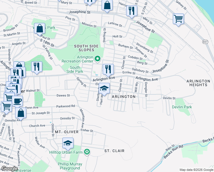 map of restaurants, bars, coffee shops, grocery stores, and more near 2318 Spring Street in Pittsburgh