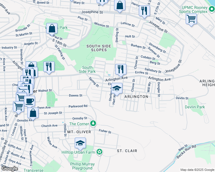 map of restaurants, bars, coffee shops, grocery stores, and more near 2214 Spring Street in Pittsburgh