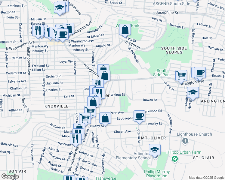map of restaurants, bars, coffee shops, grocery stores, and more near 200 Walnut Street in Mount Oliver