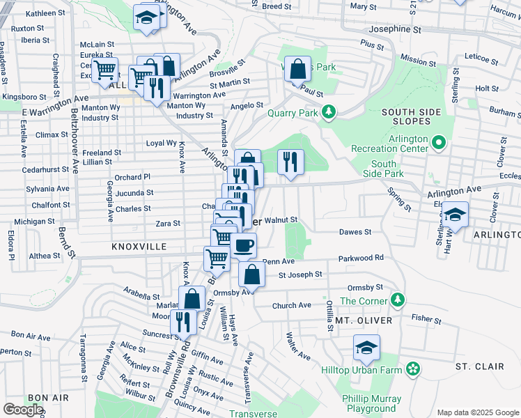 map of restaurants, bars, coffee shops, grocery stores, and more near 200 Walnut Street in Mount Oliver