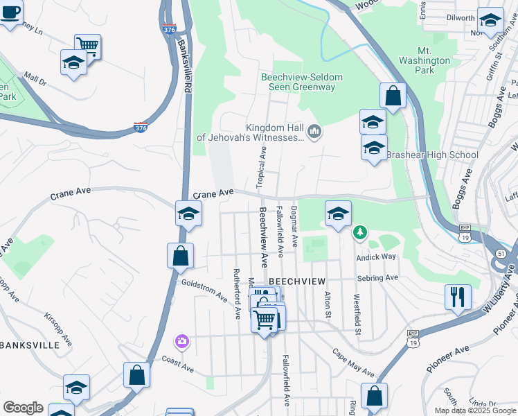 map of restaurants, bars, coffee shops, grocery stores, and more near 1304 Beechview Avenue in Pittsburgh