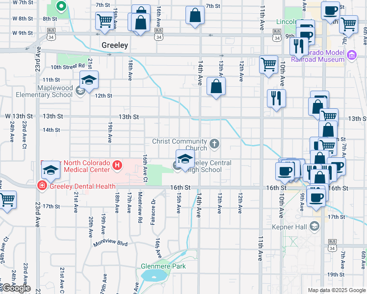 map of restaurants, bars, coffee shops, grocery stores, and more near 1412 15th Avenue in Greeley