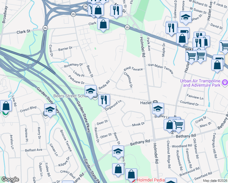 map of restaurants, bars, coffee shops, grocery stores, and more near 6 Beechwood Court in Hazlet