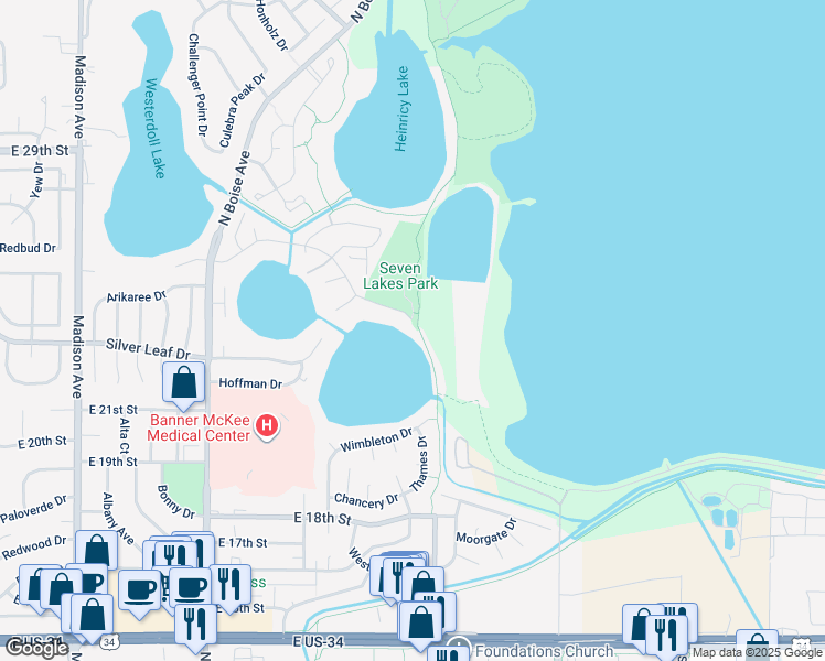 map of restaurants, bars, coffee shops, grocery stores, and more near 2094 Park Drive in Loveland