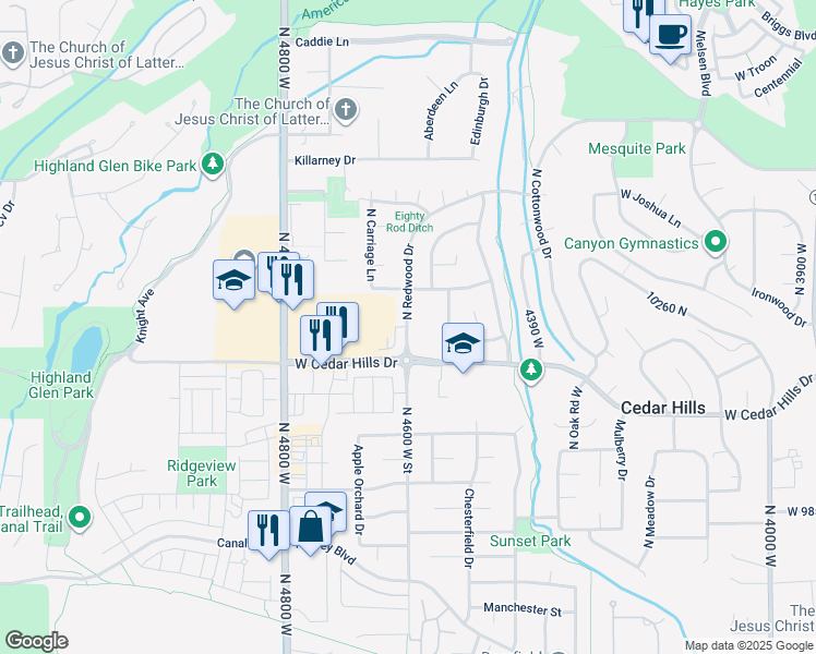 map of restaurants, bars, coffee shops, grocery stores, and more near 10153 North Redwood Drive in Cedar Hills
