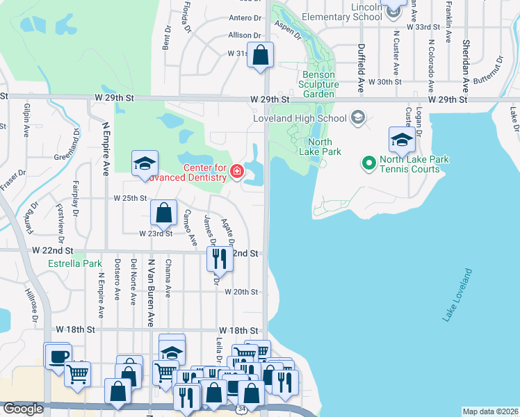 map of restaurants, bars, coffee shops, grocery stores, and more near 2413 North Taft Avenue in Loveland