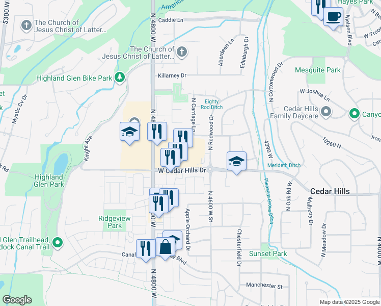 map of restaurants, bars, coffee shops, grocery stores, and more near 5548 Cedar Hills Drive in Cedar Hills