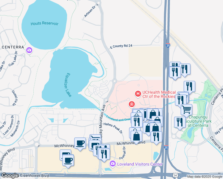 map of restaurants, bars, coffee shops, grocery stores, and more near 2409 Rocky Mountain Avenue in Loveland