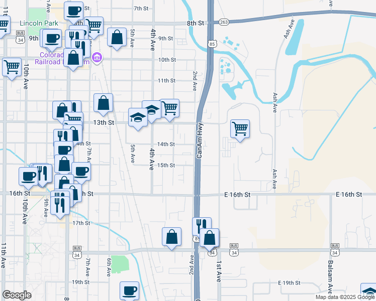 map of restaurants, bars, coffee shops, grocery stores, and more near 201 15th Street in Greeley