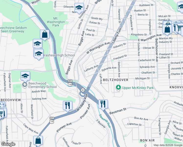 map of restaurants, bars, coffee shops, grocery stores, and more near 29 Sylvania Avenue in Pittsburgh
