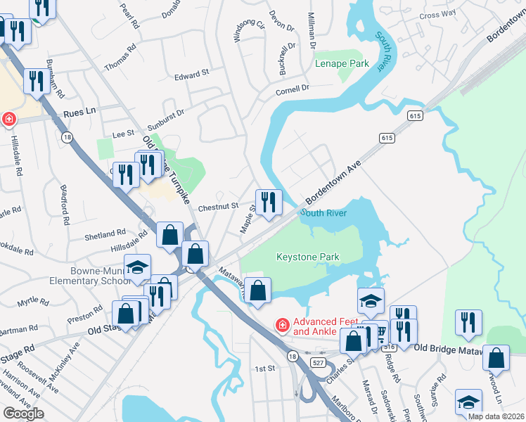 map of restaurants, bars, coffee shops, grocery stores, and more near 14 Oak Street in East Brunswick