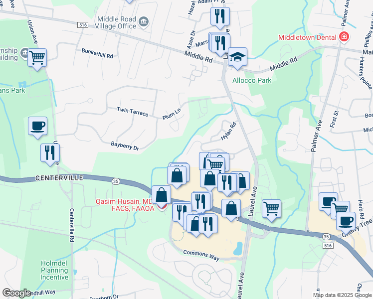 map of restaurants, bars, coffee shops, grocery stores, and more near 35 Bristel Road in Holmdel