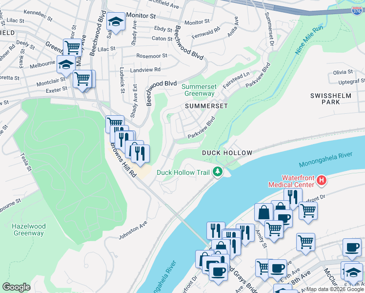 map of restaurants, bars, coffee shops, grocery stores, and more near 1752 Parkview Boulevard in Pittsburgh