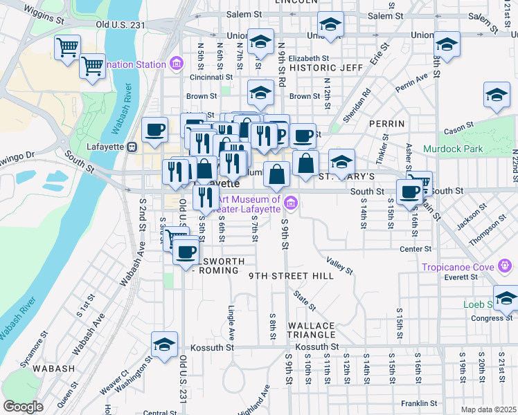 map of restaurants, bars, coffee shops, grocery stores, and more near 17 South 7th Street in Lafayette