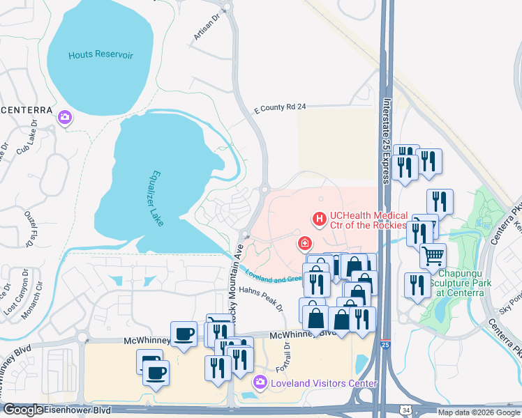 map of restaurants, bars, coffee shops, grocery stores, and more near 2313 Rocky Mountain Avenue in Loveland