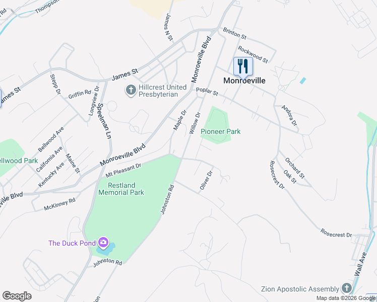 map of restaurants, bars, coffee shops, grocery stores, and more near 2408 Mount Pleasant Drive in Monroeville