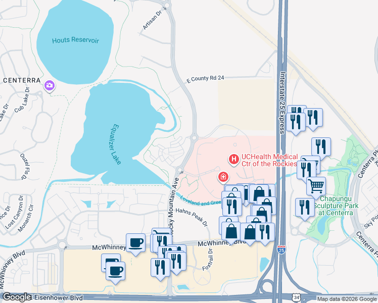 map of restaurants, bars, coffee shops, grocery stores, and more near 2403 Rocky Mountain Avenue in Loveland