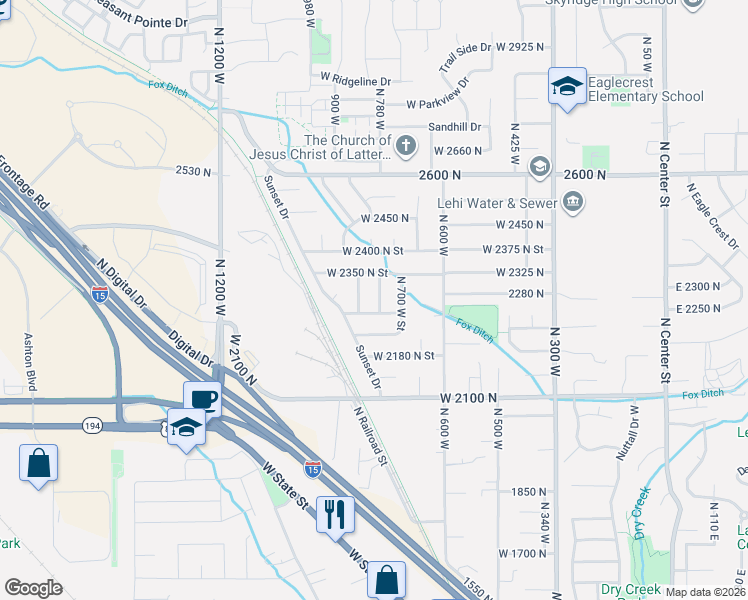 map of restaurants, bars, coffee shops, grocery stores, and more near 2287 North 750 West Street in Lehi