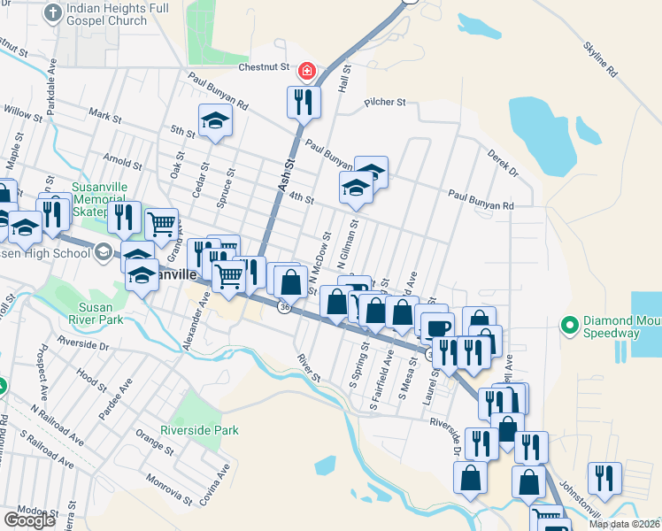 map of restaurants, bars, coffee shops, grocery stores, and more near 1911 2nd Street in Susanville