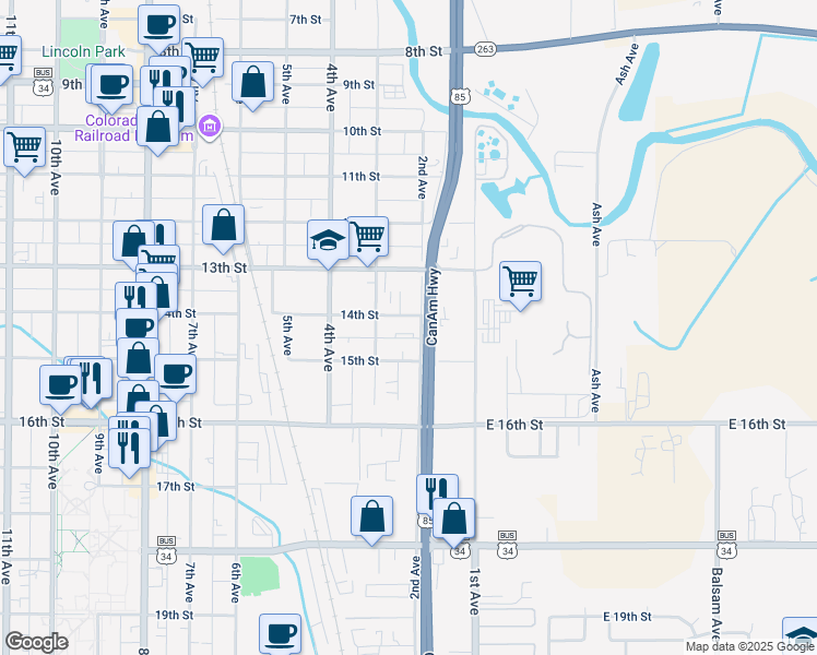 map of restaurants, bars, coffee shops, grocery stores, and more near 201 15th Street in Greeley